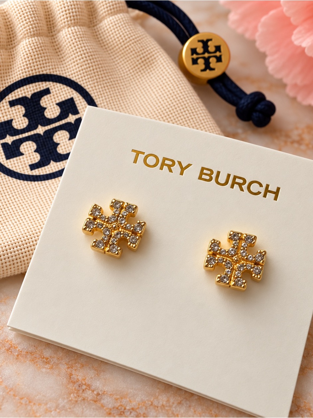 Tory Burch Gold Crystal Logo Stud Earrings